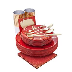 lot 1693 image: N9R 225PCS Red Gold Plastic Dinnerware Set - Disposable for Mothers Day, Includes 25 Dinner Plates, 25 Dessert Plates, 25 Forks, 25 Spoons, 25 Knives, 25 Gold Cups, 25 Napkins &amp Table Cards