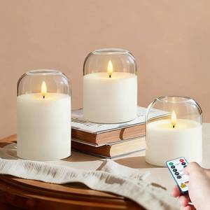 lot 1694 image: Homemory Glass Flameless Candles, Battery Operated Plliar Candles Realistic Flickering, LED Electric Light with Remote and Timer for Home, Christmas Decoration, White, Set of 3