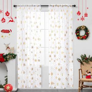 lot 1707 image: Karseteli Christmas Sheer Curtains for Living Room, Luxury Snowflake Gold Foil Print Sheer Curtains, Rod Pocket Window Drapes Decorations for Bedroom and Home Decor, 2 Panels White 52W x 72L