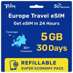 lot 1714 image: eSIM for Europe Travel 30 Day 5GB for 36 Countries  Refillable Super Economy Pack  Get eSIM in 24 Hours  High Coverage Multi-Operator 5G Network  Auto-Activating  Hotspot Allowed  Data Only