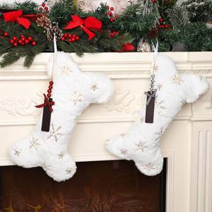 lot 1717 image: CCINEE 2 Sets White Dog Bone Christmas Stocking, Plush Snowflake Sequin Socking Decor with Wooden Tag Large Bone Shaped Stocking for Holiday Christmas Hanging Decorations