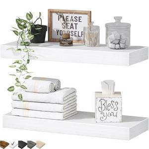 lot 1723 image: QEEIG Bathroom Floating Shelves for Wall - 15.7 Wall Mounted Shelf Over Toilet Farmhouse Home Decor Display Bookshelf Small 15.7 x 6.7 inch Set of 2, White (008-40W)
