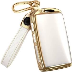 lot 1743 image: Lucrum for Mazda CX5 Key Fob Cover and Leather Keychain - TPU Key Case for Mazda 3, 6, CX-5, CX-9, CX-30, CX-50, CX-70-2019-2025 Keyfob Cover Compatible with WAZSKE11D0 - White and Gold