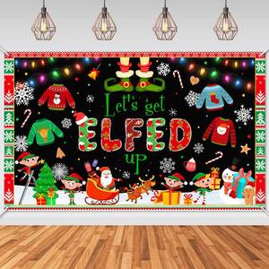 lot 1767 image: Avezano Lets Get Elfed Up Banner Christmas Banner Xmas Backdrop for Photoshoot Elf Christmas Party Decorations 6x3.6ft