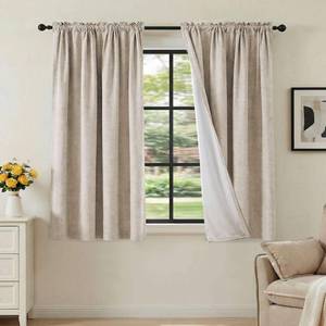 lot 1768 image: H.VERSAILTEX Linen Look 100% Blackout Curtains 45 Inches Long for Bedroom Full Light Blocking Rod Pocket Linen Textured Thick Window Curtain Drapes with White Backing, Natural, 2 Panels