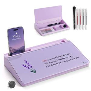 lot 1782 image: TOWON Small Compact Glass Desktop Whiteboard with Storage 12 x 7 in Dry Erase Board for Desk, Home Office, School  Includes Markers, Eraser &amp Holder  Space-Saving Organizer, Aesthetic Lavender