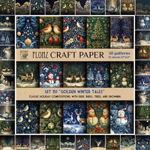 lot 1802 image: FLONZ Scrapbook Paper (30 patterns 12x12) Golden Winter Tales  Classic holiday compositions with deer, birds, trees, and snowmen in richly detailed baroque-inspired illustrative style