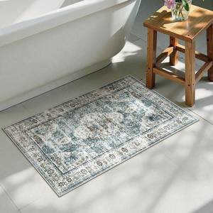lot 1815 image: Uphome Boho Bathroom Rugs, Distressed Farmhouse Blue Bath Mat, Comfy Velvet Small Bath Rugs Non Slip Washable, Vintage Oriental Toilet Rug for Sink Shower Vanity, 20x32 inch