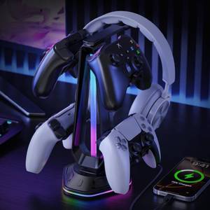 lot 1843 image: Gaming Headphones Stand with 12 Light Modes - Controller Holder for Desk, RGB Gaming Headset Stand with 2 USB Charging Ports - Supports Data Transfer, Earphone Hanger Accessories for Desktop Gamer