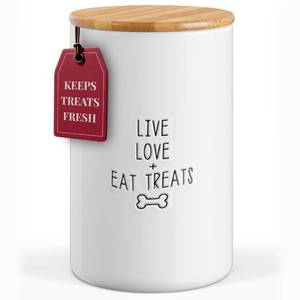 lot 1845 image: Barnyard Designs Large Dog Treat Container Airtight with Lid, Cute Rustic Ceramic Dog Treat Storage Jar for Kitchen Counter, White (Live Love Eat Treats)