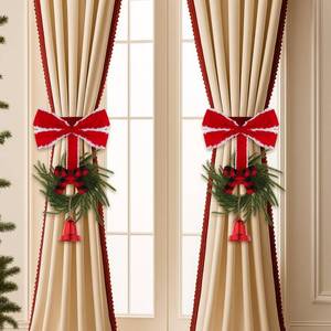 lot 1846 image: Norme 2 Pcs 21.7 Inch Christmas Curtain Tiebacks Red Velvet Bow Norfolk Pine Wreath with Plastic Red Cowbell Holdbacks Christmas Curtain Bow Wreath Ties for Xmas Holiday Bedroom Home Decor Window