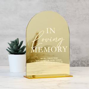 lot 1867 image: Acrylic Wedding Memory Sign with Stand- 5x7 Gold Mirror Arched Loving Memory Wedding Sign and Base,18 Thick  Modern Calligraphy White Lettering Arch Acrylic Table Signs for Event & Party, holder is cracked