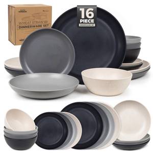 lot 1876 image: Grow Forward 16-piece Premium Wheat Straw Dinnerware Sets for 4 - Unbreakable Dishwasher & Microwave Safe Plastic Plates and Bowls Sets - Patio, Outdoors, RV, Camping Dishes - Moonlight