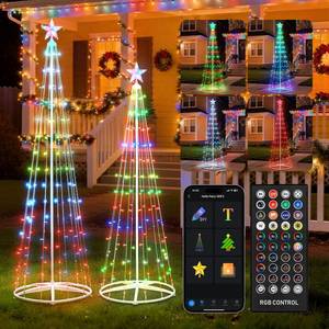 lot 1887 image: 2 Pack Smart Christmas Cone Tree Light - 5FT 130 LED & 6FT 154 LED Artificial Tree with Star Topper, Music Sync, DIY RGB Light Show for IndoorOutdoor Decorations