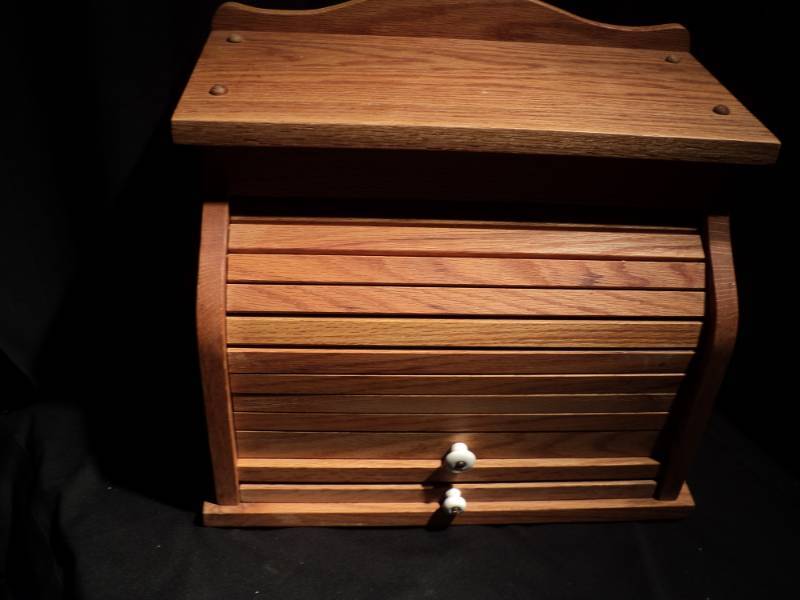 lot 3179 image: wooden bread box, scroll front,  pull out cutting board