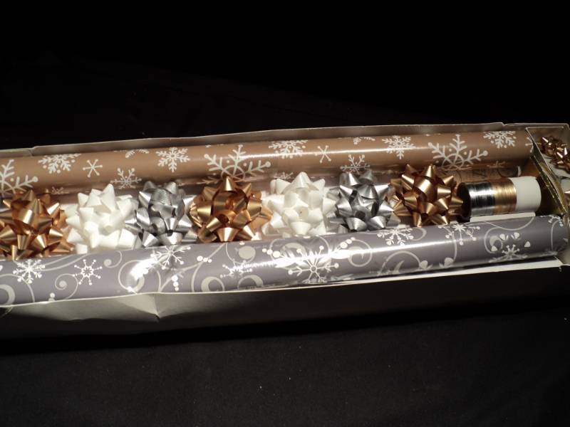 lot 3188 image: (1) box metallic wrapping paper with tags and trimmings