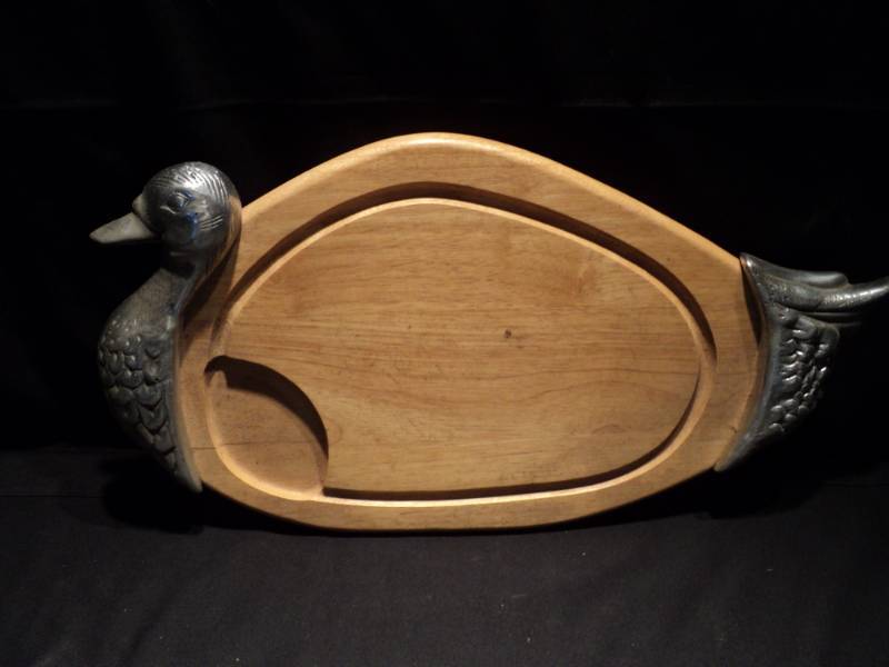 lot 3212 image: Wooden duck serving platter,  metal handles