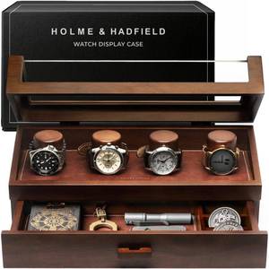 Premium 4 Slot Watch Box for Men (2026 Upgraded) Wooden Watch Display Case with Hinged Wood Cover, Leather Lining &amp; Drawer Watch Organizer Stand Handcrafted Luxury Valentines Day Gift for Men