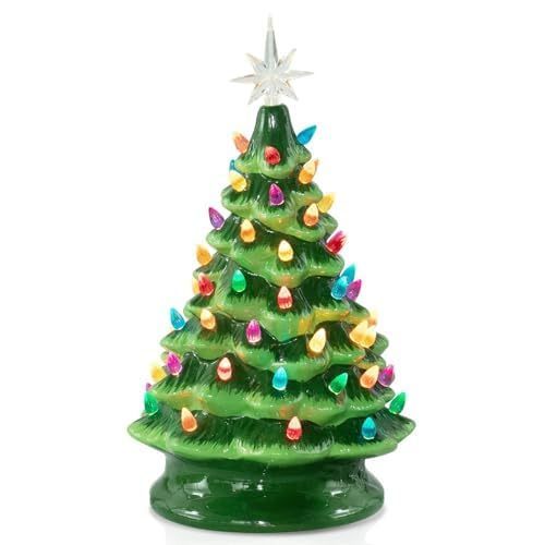 lot 3554 image: Brightown 13 Inch Ceramic Christmas Tree, Pre-lit Tabletop Christmas Tree with Multicolored LED Lights, Battery Operated Vintage Lighted Ceramic Tree for Home Office Table Holiday Decorations, Green