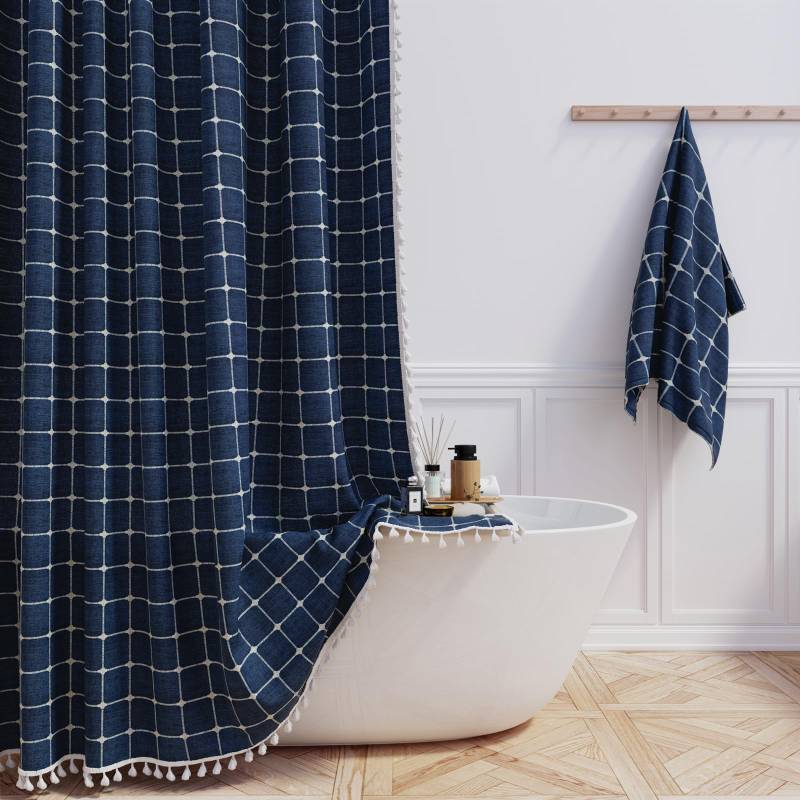 lot 3923 image: BTTN Extra Long Shower Curtain - 72x96 Inch Long Boho Chic Linen Fabric Heavy Duty Shower Curtain Set with Hooks, Tall Bohemian Farmhouse Shabby Chic Tassel Shower Curtains for Bathroom - Navy Blue