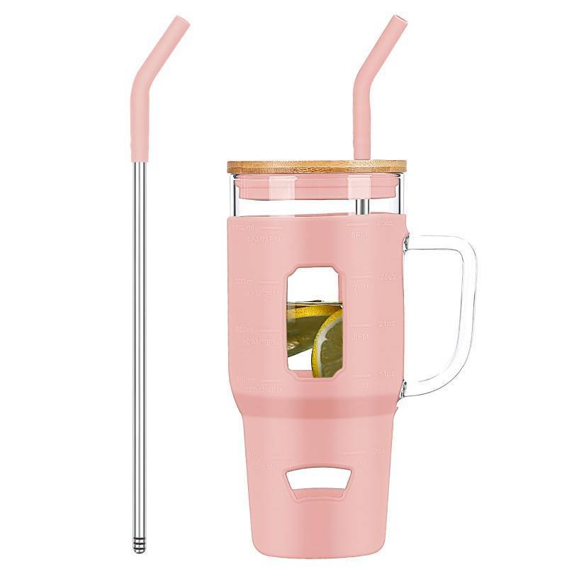 lot 3936 image: VQSV Glass Cups with Handle and Bamboo Lids - 40oz Tumbler with Stainless Steel Straw  Glass Water Bottle with Silicone Sleeve for Coffee, Smoothi, HotCold Drinks for Travel, Office, Home (Pink)