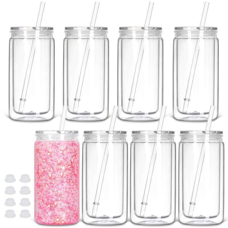 lot 3973 image: Tswofia 8 Pack plastic Snow Globe Tumbler, 16 Oz Double Wall Plastic Can with Lid and Straw, Plastic Mason Jar Mug for Snow Globe Glitter DIY Gift (Clear)
