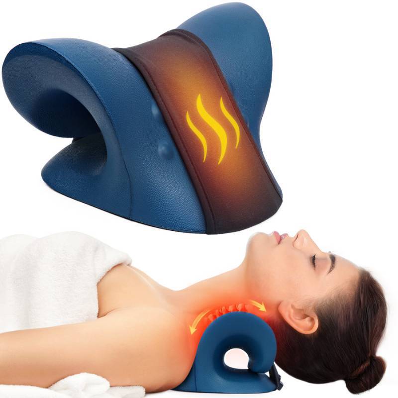 lot 4029 image: Neck Stretcher for Neck Pain Relief, Heated Cervical Traction Device Pillow with Graphene Heating Pad, Neck and Shoulder Relaxer for TMJ Pain Relief and Cervical Spine Alignment (Dark Blue)
