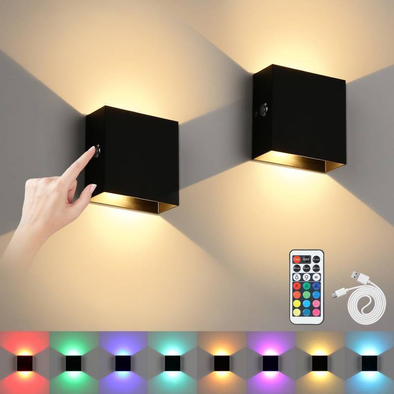 lot 4058 image: Battery Wall Sconces Set of Two, Rechargeable Colored Wall Lights with Remote, Stick Up and Down Indoor Lighting Cordless Sconce for Hallway, Black
