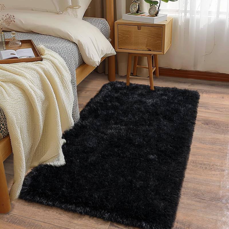 lot 4548 image: Ailyei Soft Runner Rugs for Bedroom Hallways, 2x4 Black Fluffy Shag Throw Area Rug Non Slip for Bedside Dorm, Long Shaggy Furry Carpet for Nursery Living Room