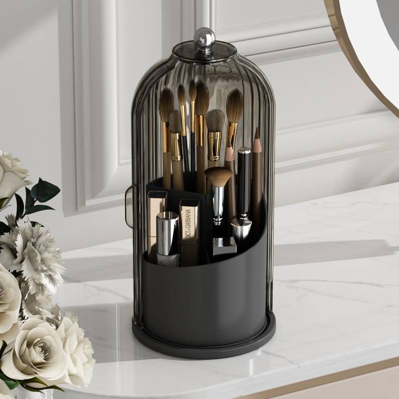 lot 4639 image: GAXmi Makeup Brush Holder with Lid Cosmetic Tools Organizer 360 Rotating Waterproof Dustproof Beauty Brushes Storage for Vanity, Black-Grey