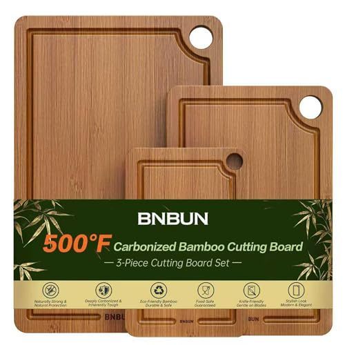 lot 4666 image: Bamboo Cutting Board for Kitchen Meal Prep &amp Serving, 3-Piece Wooden Set with Juice Grooves, Side Handles, Non-Slip Mats Ideal for Meat, Veggies, Fruit Ideal Gift for the Home