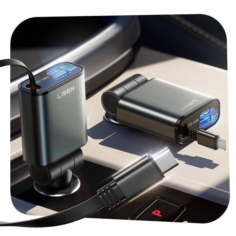 lot 4833 image: LISEN Car Charger USB C Fast Charge, Retractable Car Charger USB C 98% Space-Smart for RV Truck BMW Car Accessories for Women Men Phone Type C Car Charging for iPhone 17 16 15 Samsung S25 Android