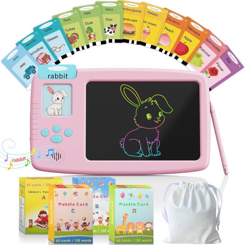 lot 5031 image: ZONSTVYS Talking Flash Cards for Toddlers 2-in-1 LCD Writing Tablet Kids - Montessori Language Learning with 510 Words - Autism & Speech Therapy Toys for Children Gifts, Pink
