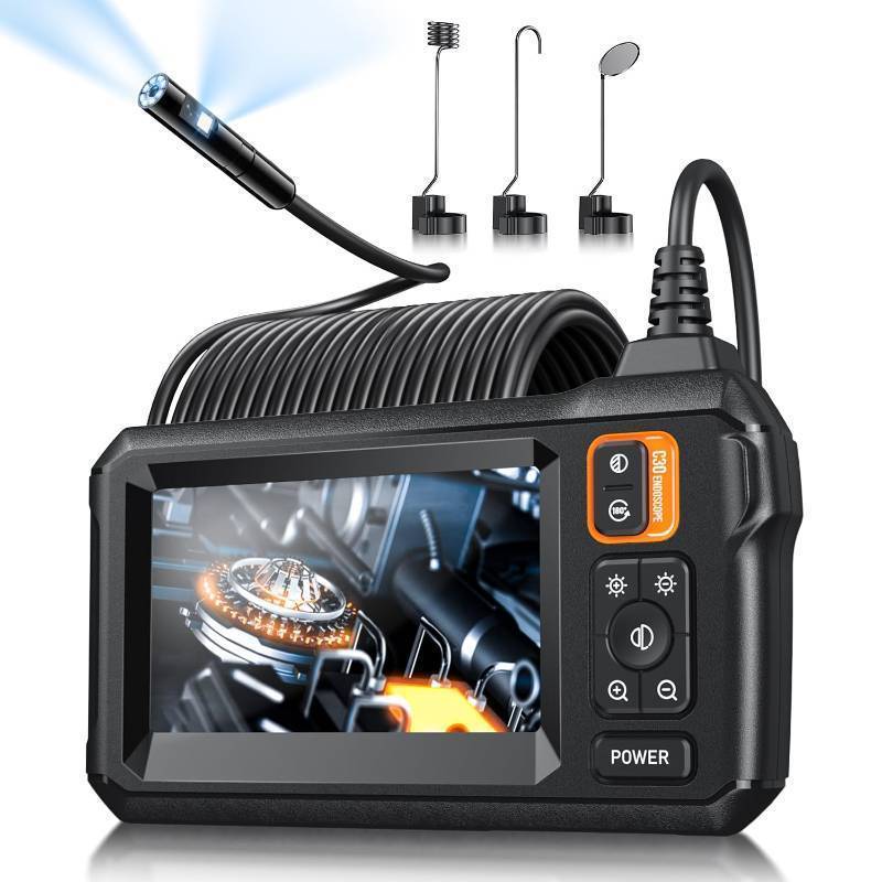 lot 3215 image: Endoscope Camera with Light, Inspection Borescope Camera with 4.3 IPS Screen, 1920P HD with 8 LED Lights, 32.8FT Semi-Rigid Cord Bore Scope, IP67 Waterproof Endoscope for Sewer, Dual Lens(Orange)