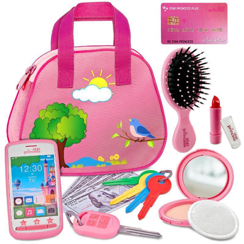 lot 5282 image: Toddler Play Purse for Kids with Accessories, Toys for Girls with Pretend Makeup, Keys, Smartphone, Dress Up Toy Purse for Toddlers and Kids - Birthday Gift for Little Toddler Girls Ages 3 4 5 6, Pink