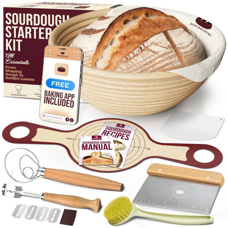 lot 5416 image: Superbaking Banneton Bread Proofing Basket Set with Silicone Dough Sling, 9 Splinter-Free Proofing Basket, Non-Stick Dutch Oven Liner, Sourdough Starter Kit, Sourdough Bread Baking Supplies & Tools
