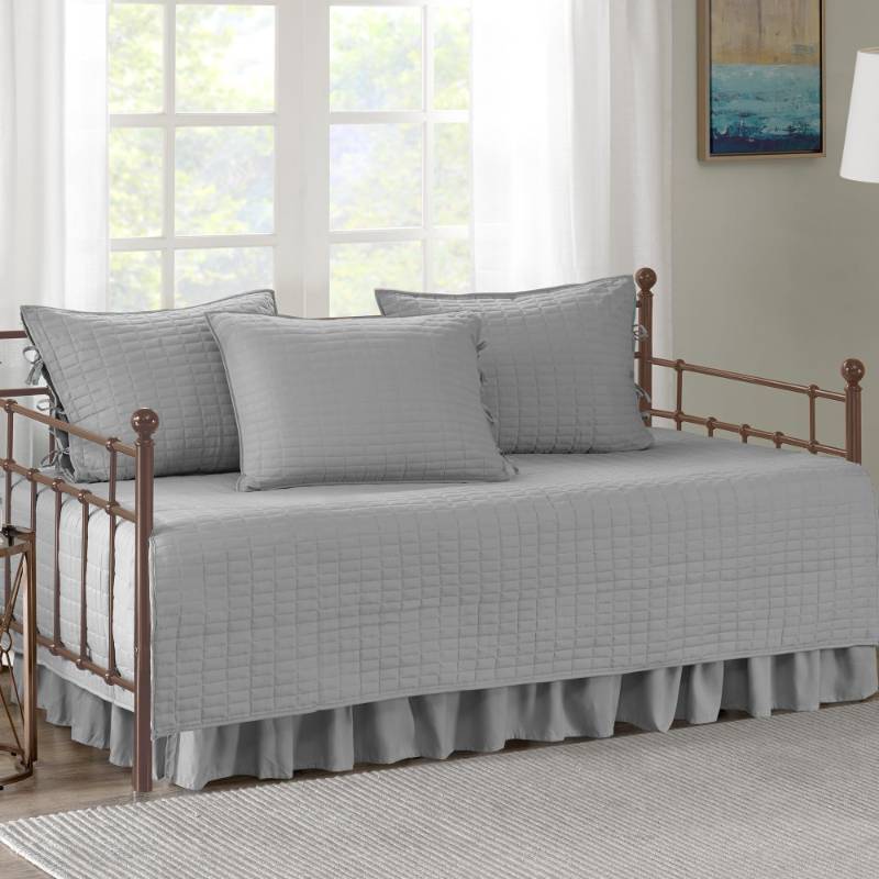 lot 5600 image: Comfort Spaces Daybed Cover - Luxe Double Sided-Quilting, All Season Cozy Bedding with Bedskirt, Matching Shams, Kienna Grey 75x39 5 Piece,100% Microfiber