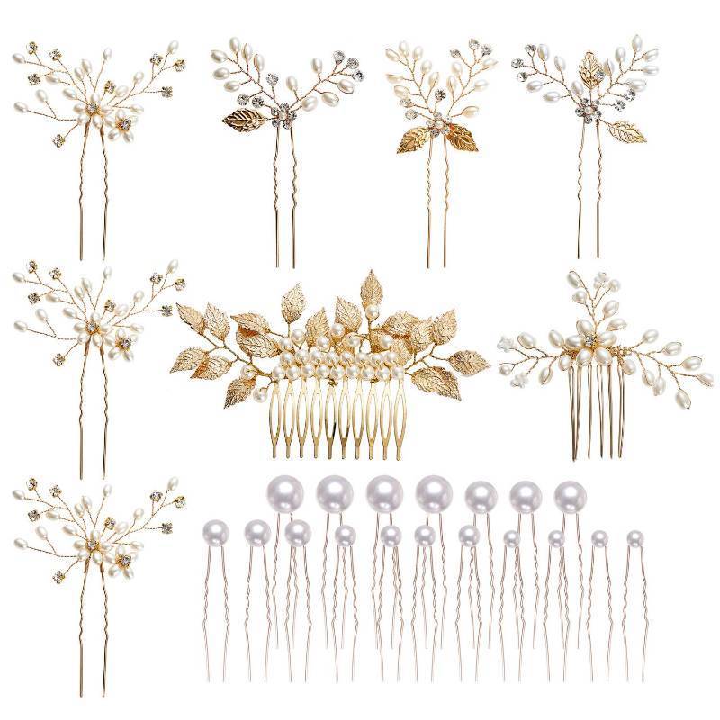 lot 5781 image: inSowni Gold Wedding Bridal Hair Side CombsU Shaped Hair Pins Clips Barrettes Leaf Flower Rhinestone Pearl Hair Pieces Updo Accessories Jewelry Headpieces for Women Girls Brides Bridesmaids