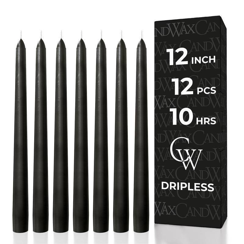 lot 6262 image: CANDWAX 12 inch Taper Candles Set of 12 - Dripless and Smokeless - Slow Burning Black Tapered Candle Sticks Ideal for Halloween - Black Candles
