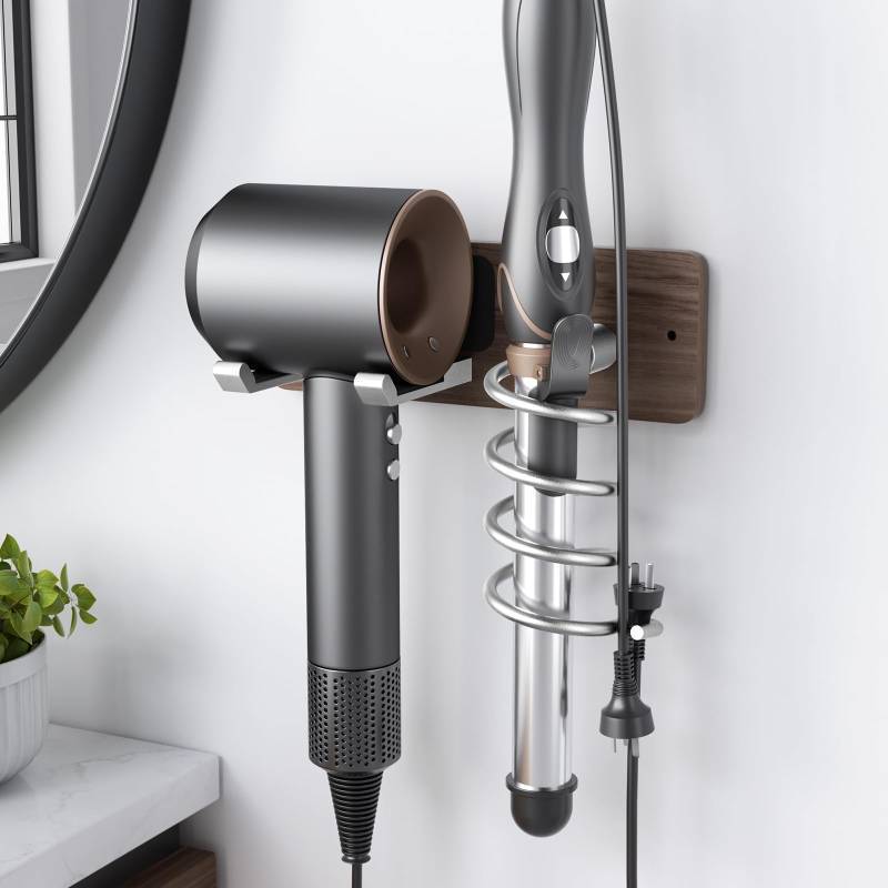 lot 6264 image: Tindbea Hair Dryer Holder Curling Iron Holder, Blow Dryer Holder Wall Mount, Bathroom Hair Tool Organizer Rack for Universal Dryer, Walnut Wood Silver Color Metal