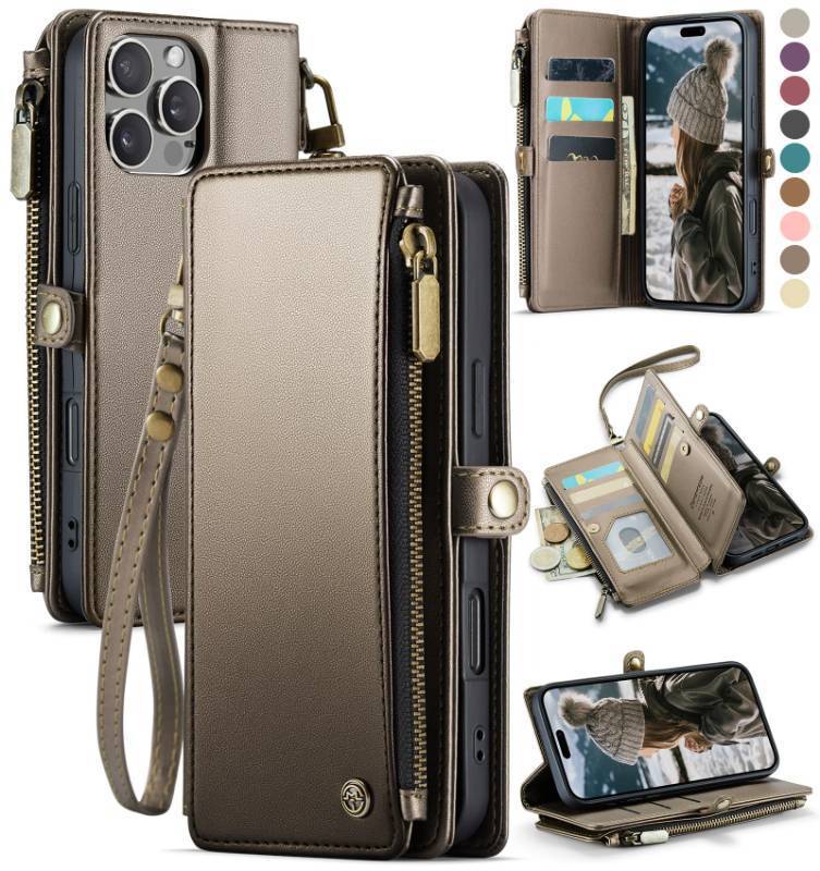 lot 6451 image: Defencase Compatible with iPhone 16 Pro Max Case Wallet with RFID Blocking Card Holder for Woman Men, PU Leather Magnetic Snap Flip Zipper Strap Phone Case for iPhone 16 Pro Max 6.9, Desert Titanium