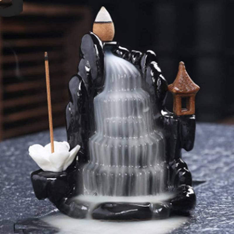 lot 6788 image: Backflow Incense Holder Waterfall Incense Burner, Mountain Tower Censer Aromatherapy Ornament Home Decor Size4.64in4.17in with 60 Backflow Incense Cones,50 Incense Sticks,Incense Socket Mat Clip