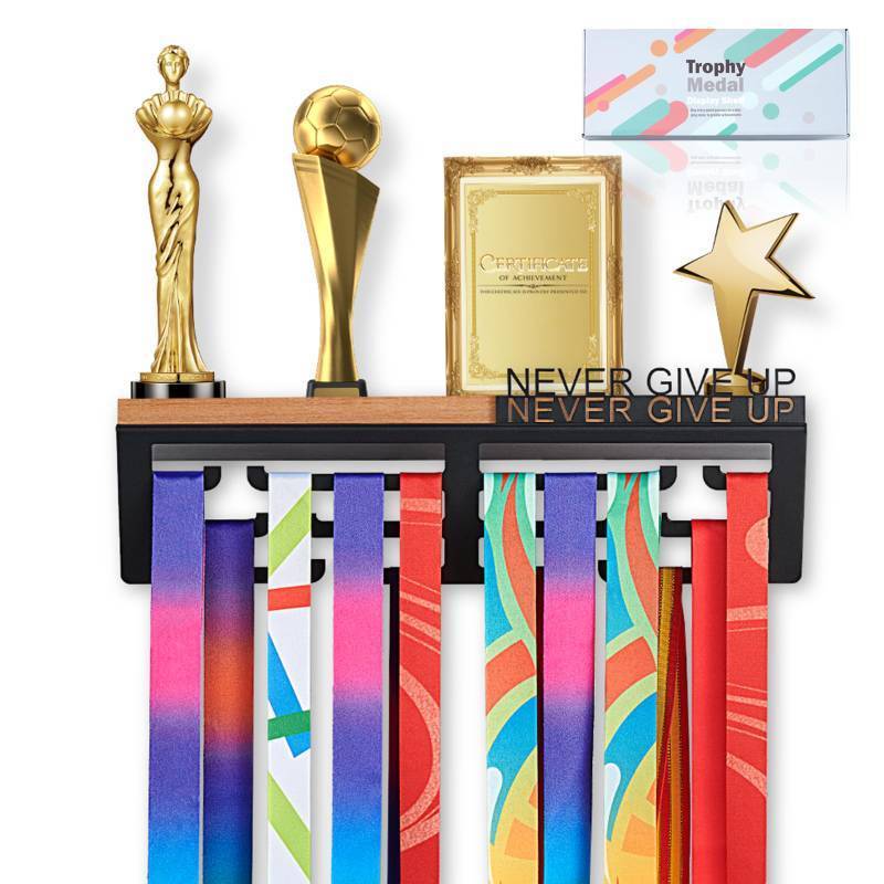 lot 7119 image: Datoua Medal Hanger Display & Trophy Shelf Combo  Unique 5.3 Deep for Large Trophies, 2X Thicker Metal  Never Give Up Soccer Wall Decor & Marathon Medal Showcase