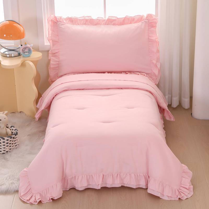 lot 7319 image: Wowelife Pink Toddler Bedding Set for Girls Toddler Bedding 4 Pieces Boho Tufted Comforter with Ruffles Design Toddler Girl Bed Set with Comforter, Fitted Sheet, Flat Sheet and Pillowcase
