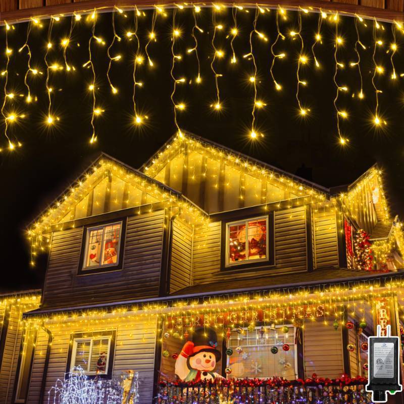lot 7337 image: 810LED 82ft Christmas Lights, 180Drops 12 Modes Warm White Christmas String Lights Outdoor Dimmable, Waterproof Christmas Decoration Fairy Lights with Timer for Indoor Eaves Party Patio Window Fence