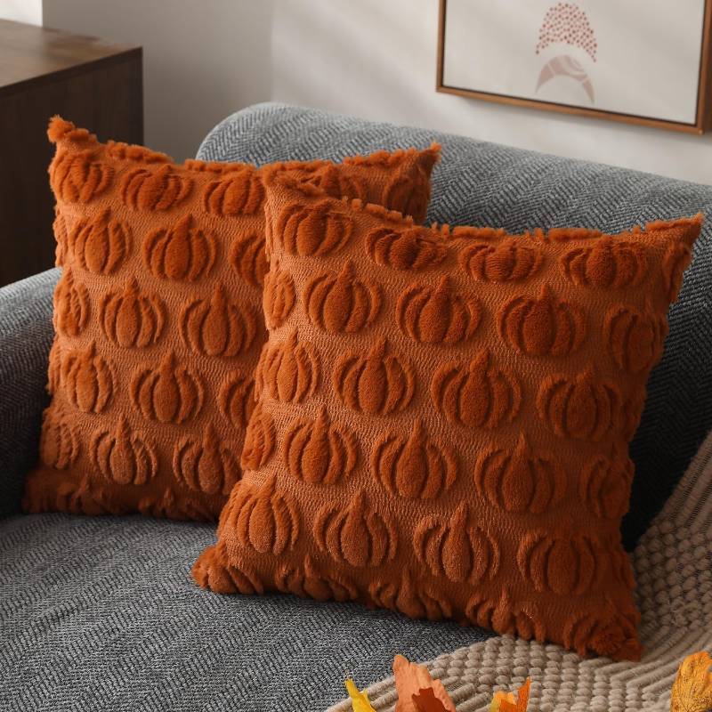 lot 7887 image: DFXSZ Fall Pillow Covers 18x18 Set of 2 Fall Decorations Autumn Rust Pumpkin Throw Pillow Cases Soft Plush Faux Fur Wool Couch Cushion Case for Chair Sofa Bedroom Living Room Home Decor PTK02A18