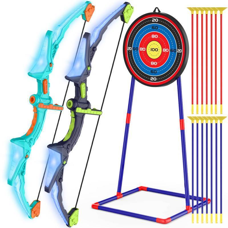 lot 8050 image: Kmuxilal 2 Pack Kids Bow and Arrow Set with LED Flash Lights, 14 Suction Cup Arrows and Fluorescence Standing Target-Perfect Indoor and Outdoor Game Archery Set Toy Gift for 4 5 6 7 8-12 Year Old Boys