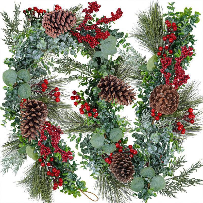 lot 8137 image: Winlyn 6 Long Artificial Eucalyptus and Pine Christmas Garland with Pine Cones Red Berries Pine Needles Winter Greenery Garland Christmas Season Holiday Wedding Table Runner Centerpiece Mantel Decor