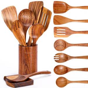 lot 2242 image: Mooues 9 Piece Natural Teak Wooden Kitchen Utensil Set with Spoon Rest - Comfort Grip Cooking Spoons and Utensils Holder