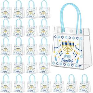 lot 2252 image: Aliceset Hanukkah Gift Bags Bulk PVC Tote with Handles Clear Reusable Favor Bags with Star of David & Menorah Design for Hanukkah Party Decorations Supplies, 6.31 x 5.91 x 3.15